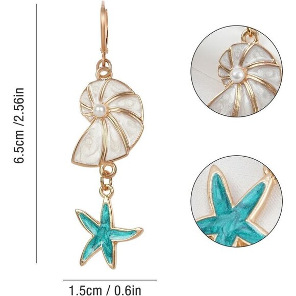 Dangle Gold Starfish Seahorse Shell Starfish with Pearl Turquoise Earrings - Picture 2 of 5